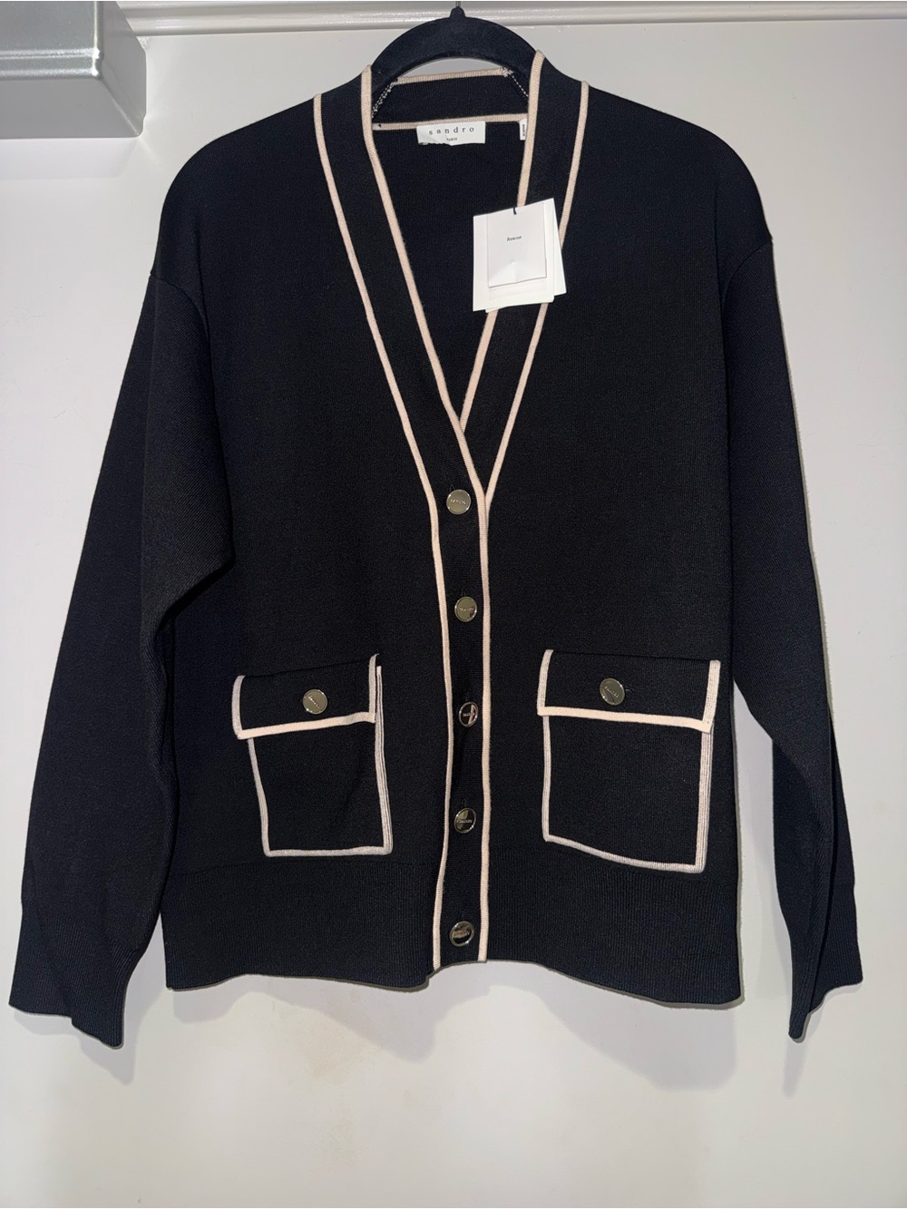 Sandro Black Cardigan with Cream Piping and Gold Buttons
